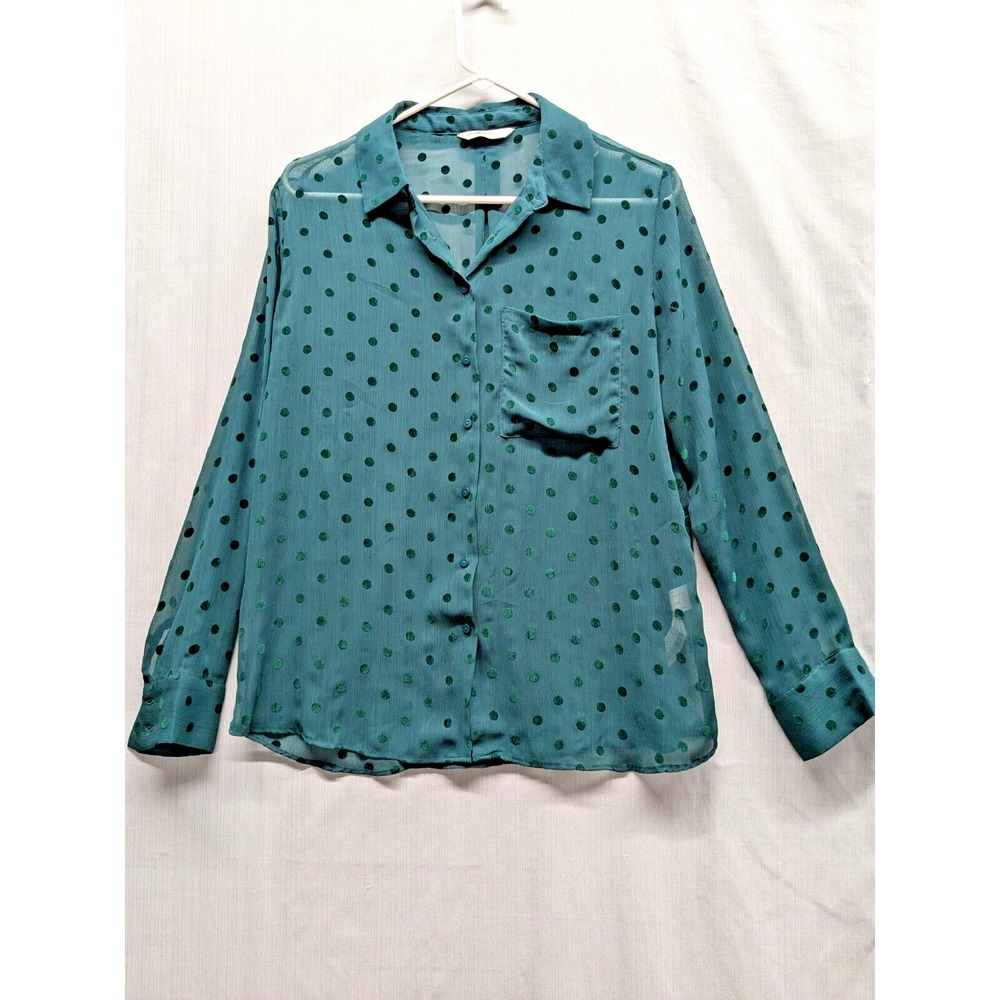 Stradivarius Green Polka Dot Button up Women's Size Large Classical Semi Sheer